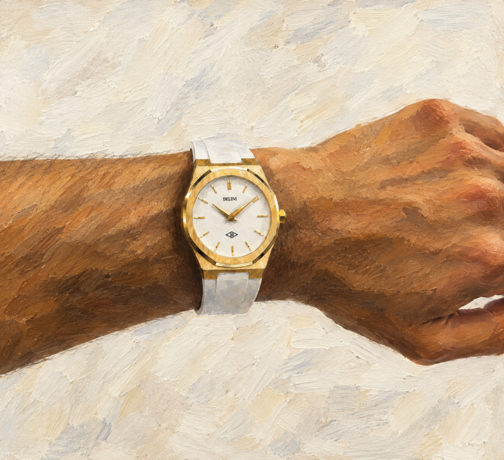 poignet peintre et montre dorée delini